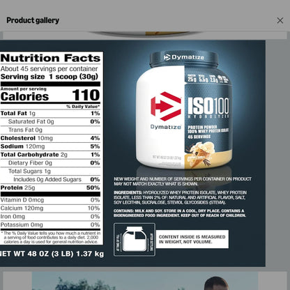 Dymatize ISO100 Whey Protein Powder Isolate, Vanilla, 25g of Protein, 3 Pound, 5.5g BCAAs, Less Than 120 Cal., Gluten Free, 1g Fat, 1g Sugar, 2g Carb (45 Servings)