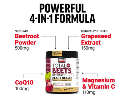 Force Factor Total Beets Ultimate Heart Health Blood Pressure Support with CoQ10, Beet Root Powder, Grape Seed Extract, Blood Pressure Supplement for Circulation, Black Cherry, 30 Servings