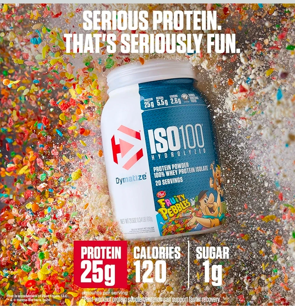 Dymatize x Fruity Pebbles ISO100 Whey Protein Powder Isolate, 25g of Protein, 5.5g BCAAs, 120 Cal., Gluten Free, 1g Fat, 1g Sugar, 2g Carb (75 Servings)