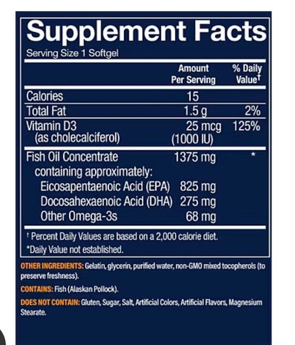 Premium Wild Alaskan Fish Oil with Vitamin D3 - 1,100 MG EPA/DHA (120 Softgels)