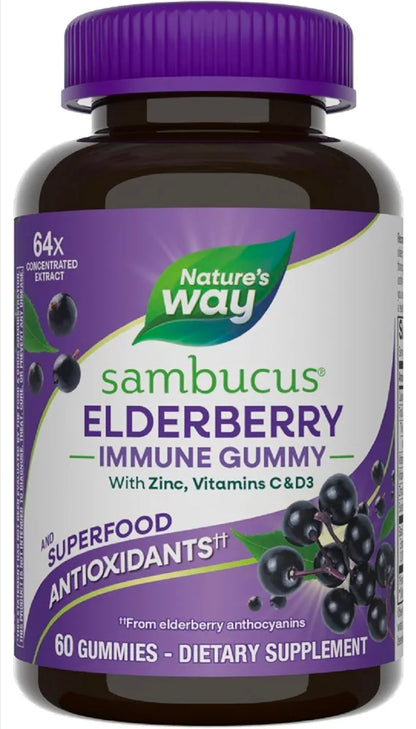Nature’s Way Sambucus Elderberry Gummies, Immune Support Gummy for Adults & Kids Ages 4+ with Black Elderberry Extract, Vitamin C, Vitamin D3, and Zinc*, 60 Gummies
