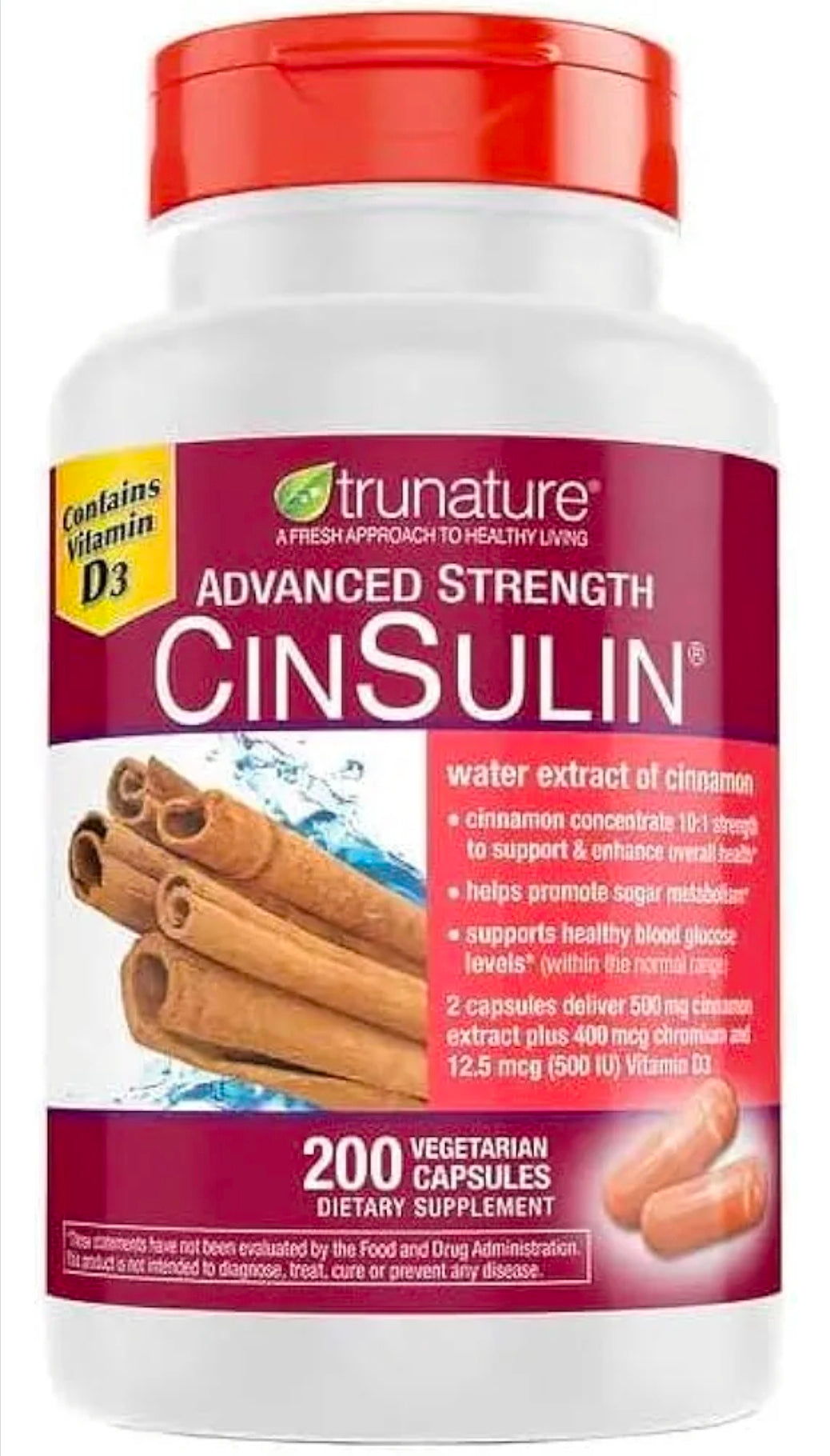 Tru-Nature Cinnamon Concentrate Cinsulin 500mg, 200 Vegetarian Capsule, 3 Months Supply