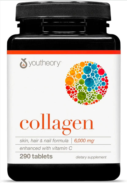 Youtheory Advanced Collagen - 6,000 mg Hydrolyzed Collagen Peptides - Includes Antioxidants & Contains Vitamin C - Hair Growth, Nails, Joint Health & Bone Support* - 290 Tablets (48-Day Supply)