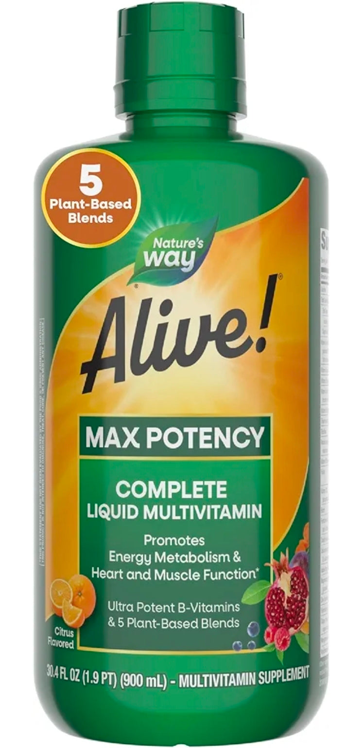Nature’s Way Alive! Max Potency Complete Liquid Multivitamin, Liquid Vitamin Promotes Energy Metabolism, Heart & Muscle Function* with Vitamins A, B, C, D, Multivitamins for Women & Men, 30.4 Fl Oz