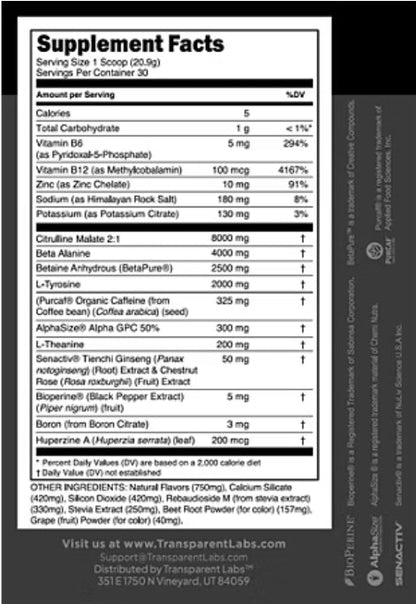 Transparent Labs Bulk Black Pre Workout - Clinically Dosed, Sugar Free Preworkout for Men and Women with Beta Alanine Powder, Citrulline Malate, & Caffeine - 30 Servings, Cherry Kiwi