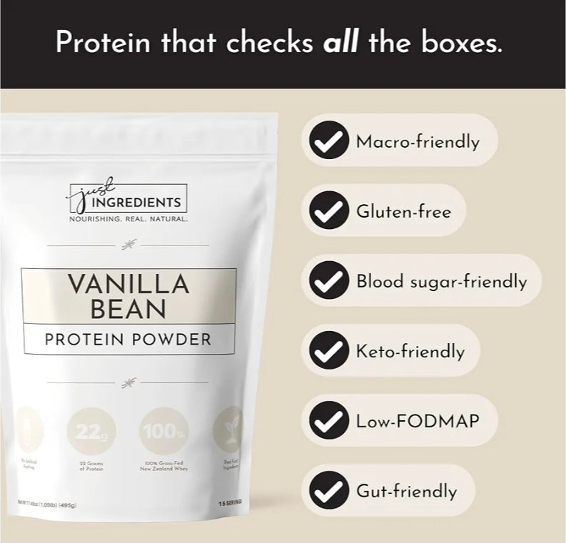 JUST INGREDIENTS Vanilla Protein Powder - Grass-Fed Whey Blend, Organic, Gluten Free - 15 Servings, 22g Protein