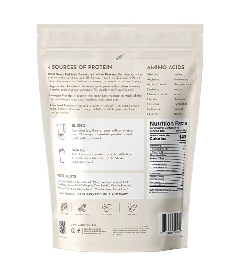 JUST INGREDIENTS Vanilla Protein Powder - Grass-Fed Whey Blend, Organic, Gluten Free - 15 Servings, 22g Protein