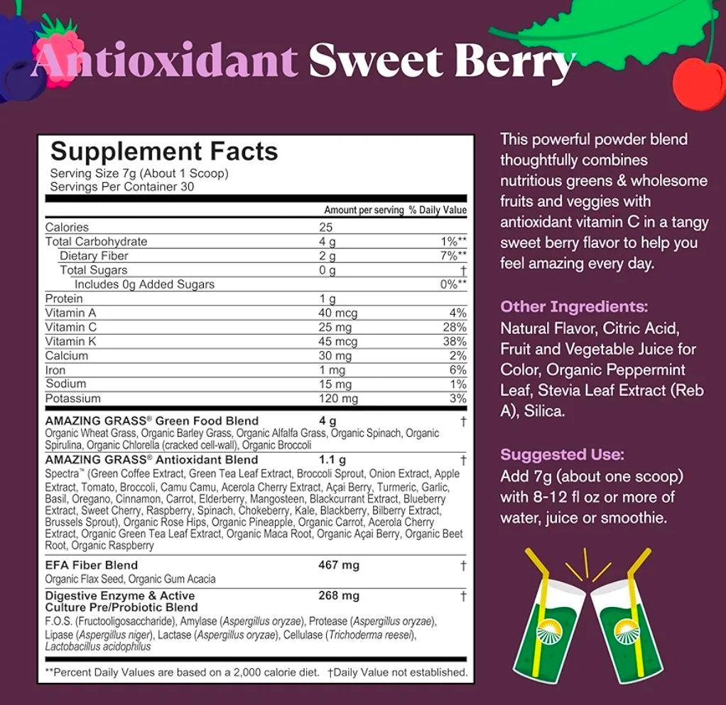 Amazing Grass Greens Blend Antioxidant: Super Greens Powder Smoothie Mix with Organic Spirulina, Beet Root Powder, Elderberry, Bilberry, Prebioitics & Probiotics, Sweet Berry, 30 Servings (Packaging May Vary)