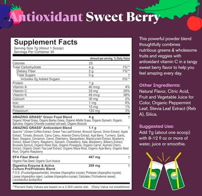 Amazing Grass Greens Blend Antioxidant: Super Greens Powder Smoothie Mix with Organic Spirulina, Beet Root Powder, Elderberry, Bilberry, Prebioitics & Probiotics, Sweet Berry, 30 Servings (Packaging May Vary)