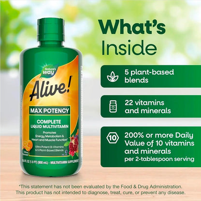 Nature’s Way Alive! Max Potency Complete Liquid Multivitamin, Liquid Vitamin Promotes Energy Metabolism, Heart & Muscle Function* with Vitamins A, B, C, D, Multivitamins for Women & Men, 30.4 Fl Oz