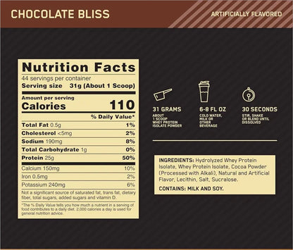 Optimum Nutrition Gold Standard 100% Isolate, Protein Powder, Chocolate Bliss, 3 Pounds, 44 Servings. Whey Protein Isolate (Packaging May Vary)