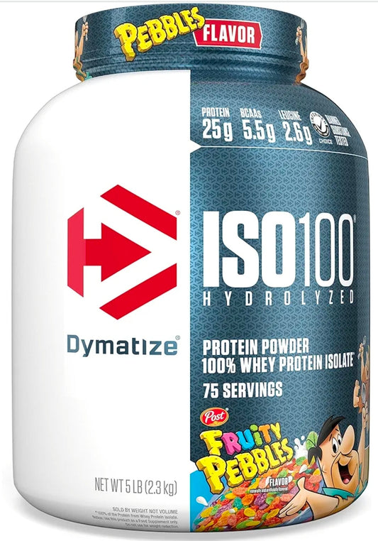 Dymatize x Fruity Pebbles ISO100 Whey Protein Powder Isolate, 25g of Protein, 5.5g BCAAs, 120 Cal., Gluten Free, 1g Fat, 1g Sugar, 2g Carb (75 Servings)