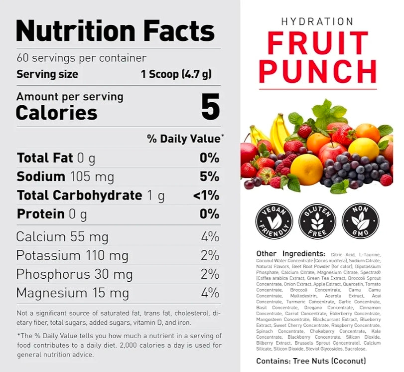 Kaged Hydration Electrolytes Powder | Fruit Punch | Hydra-Charge Sports Drink Mix | Pre, Post, Intra Workout | Low Carb, Vegan, Gluten Free | Supplements for Men & Women | 60 Servings