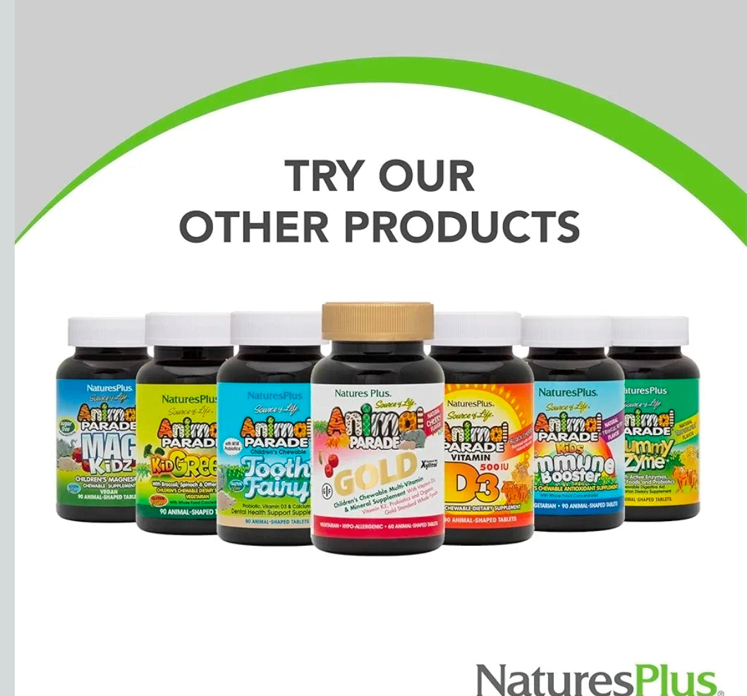 Natures Plus Animal Parade Children's Chewable Multivitamin - 180 Animal-Shaped Tablets - Natural Assorted Flavors - Vegetarian, Gluten Free - 90 Servings