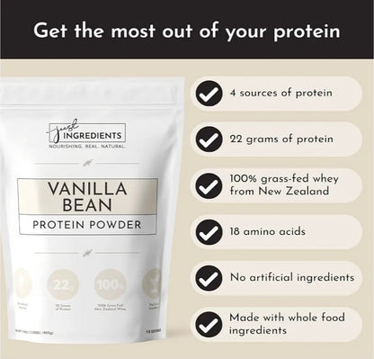 JUST INGREDIENTS Vanilla Protein Powder - Grass-Fed Whey Blend, Organic, Gluten Free - 15 Servings, 22g Protein
