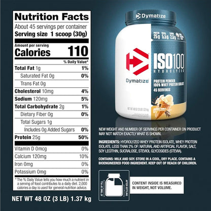 Dymatize ISO100 Whey Protein Powder Isolate, Vanilla, 25g of Protein, 3 Pound, 5.5g BCAAs, Less Than 120 Cal., Gluten Free, 1g Fat, 1g Sugar, 2g Carb (45 Servings)