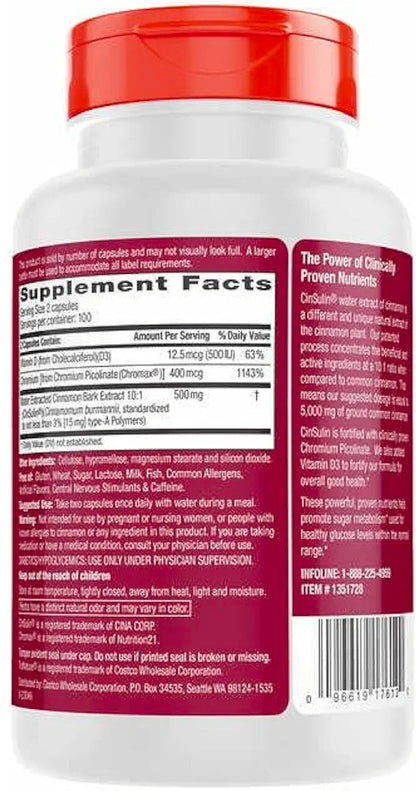 Tru-Nature Cinnamon Concentrate Cinsulin 500mg, 200 Vegetarian Capsule, 3 Months Supply
