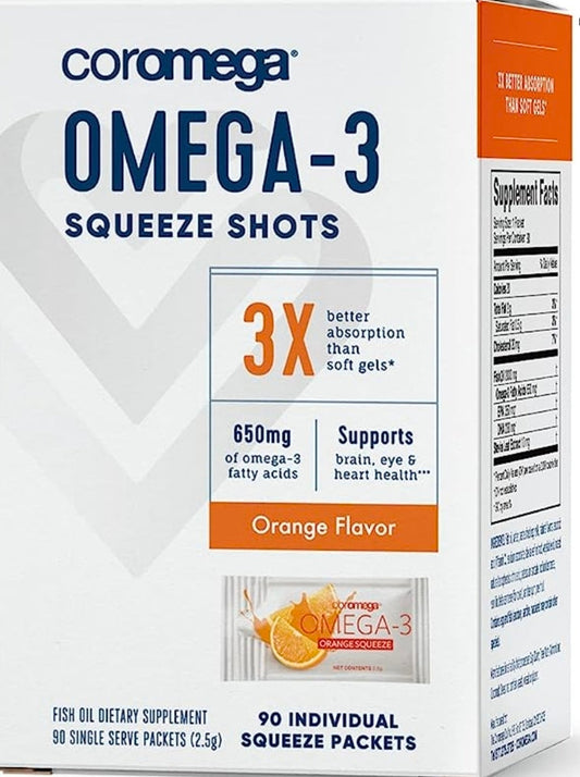 Coromega Omega 3 Fish Oil Supplement, 650mg of Omega-3s with 3X Better Absorption Than Softgels, Orange Flavor, 30 Single Serve Squeeze Packet