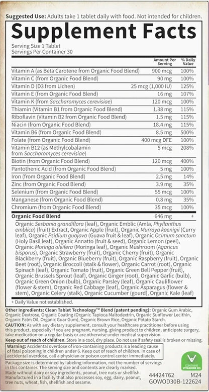 Garden of Life Organics Multivitamin for Women - Women's Once Daily Multi - Whole Food Multi with Iron, Biotin, Vegan Organic Womens Multivitamin for Health, Energy Hair Skin and Nails, 30 Tablets