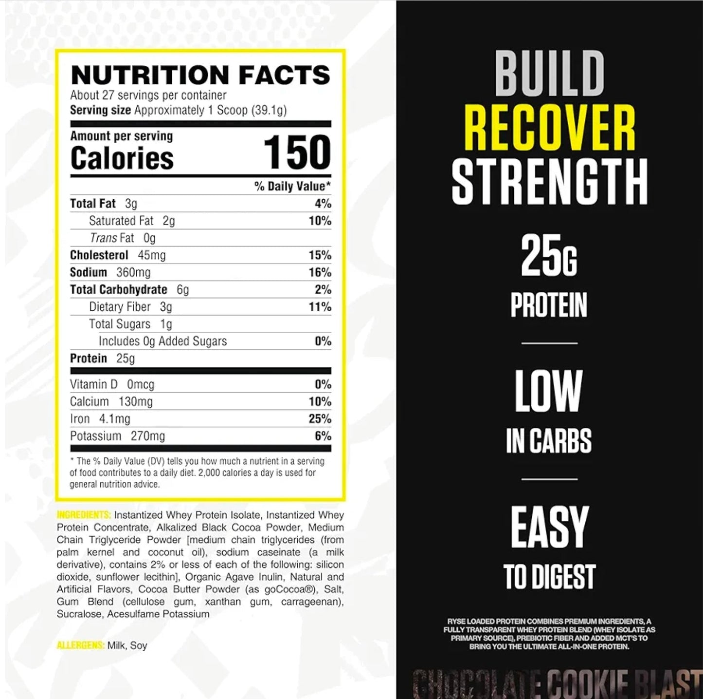 RYSE Loaded Protein Powder - Chocolate Cookie Blast - 25g Whey Protein Isolate & Concentrate with Prebiotic Fiber & MCTs - Low Carb, Low Sugar, Digestive-Friendly - 27 Servings / 2 lb Tub