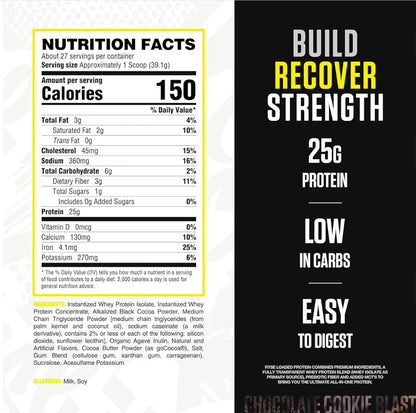 RYSE Loaded Protein Powder - Chocolate Cookie Blast - 25g Whey Protein Isolate & Concentrate with Prebiotic Fiber & MCTs - Low Carb, Low Sugar, Digestive-Friendly - 27 Servings / 2 lb Tub