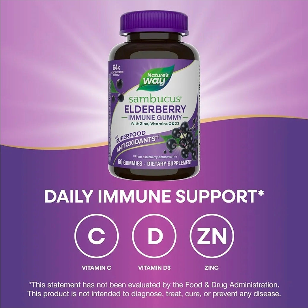 Nature’s Way Sambucus Elderberry Gummies, Immune Support Gummy for Adults & Kids Ages 4+ with Black Elderberry Extract, Vitamin C, Vitamin D3, and Zinc*, 60 Gummies