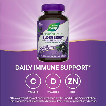 Nature’s Way Sambucus Elderberry Gummies, Immune Support Gummy for Adults & Kids Ages 4+ with Black Elderberry Extract, Vitamin C, Vitamin D3, and Zinc*, 60 Gummies