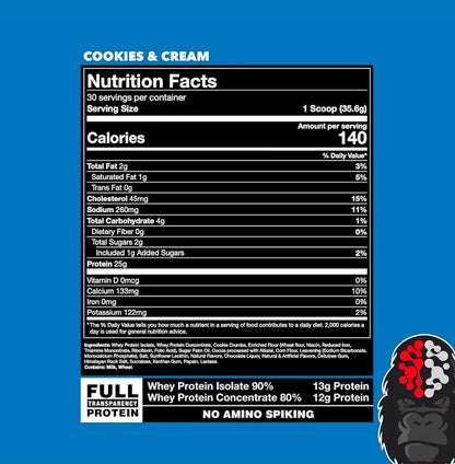 Gorilla Mind Premium Whey Protein - Cookies and Cream, 25 Grams of Whey Protein Isolate & Concentrate,Recover and Build Muscle (30 Servings)