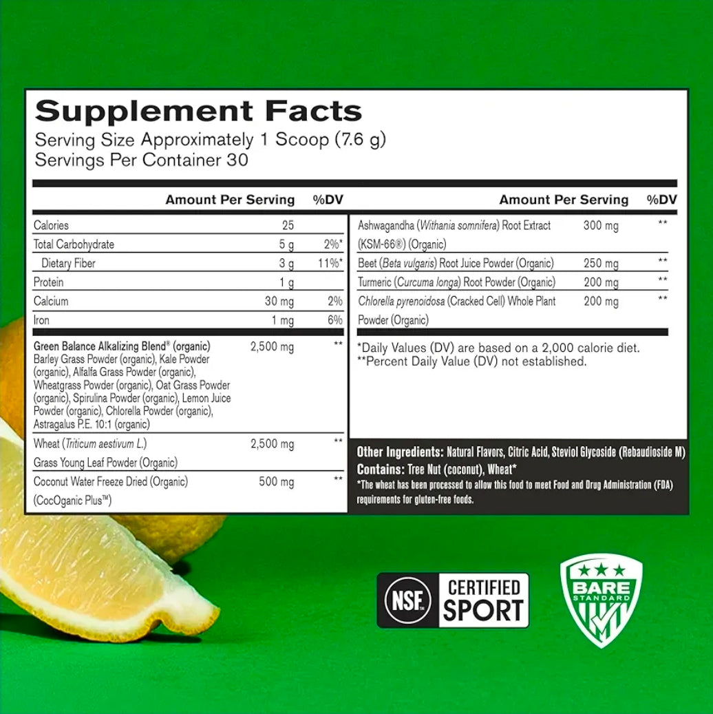 BARE PERFORMANCE NUTRITION, BPN Strong Greens Superfood Powder, Lemon, 30 Servings