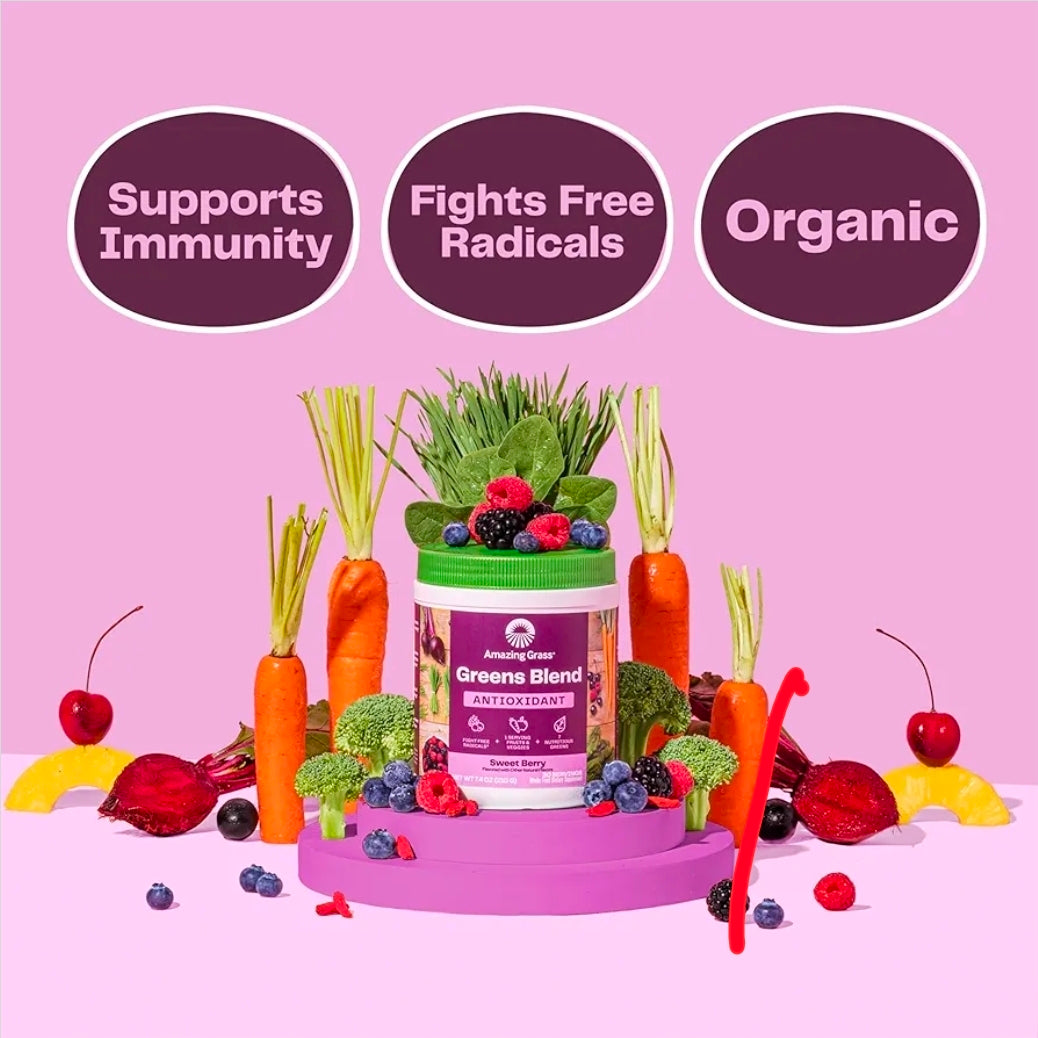 Amazing Grass Greens Blend Antioxidant: Super Greens Powder Smoothie Mix with Organic Spirulina, Beet Root Powder, Elderberry, Bilberry, Prebioitics & Probiotics, Sweet Berry, 30 Servings (Packaging May Vary)