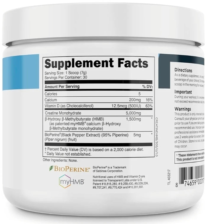 Transparent Labs Creatine HMB - Creatine Monohydrate Powder with HMB for Muscle Growth, Increased Strength, Enhanced Energy Output, and Improved Athletic Performance - 30 Servings, Unflavored