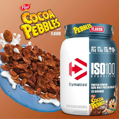 Dymatize x Cocoa Pebbles ISO100 Whey Protein Powder Isolate, 25g of Protein, 5.5g BCAAs, 120 Cal., Gluten Free, 1g Fat, 1g Sugar, 2g Carb (42 Servings)