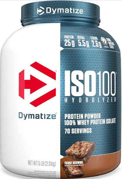 Dymatize ISO100 Whey Protein Powder Isolate, Fudge Brownie, 25g of Protein, 5 Pound, 5.5g BCAAs, Less Than 120 Cal., Gluten Free, 1g Fat, 1g Sugar, 2g Carb (70 Servings)