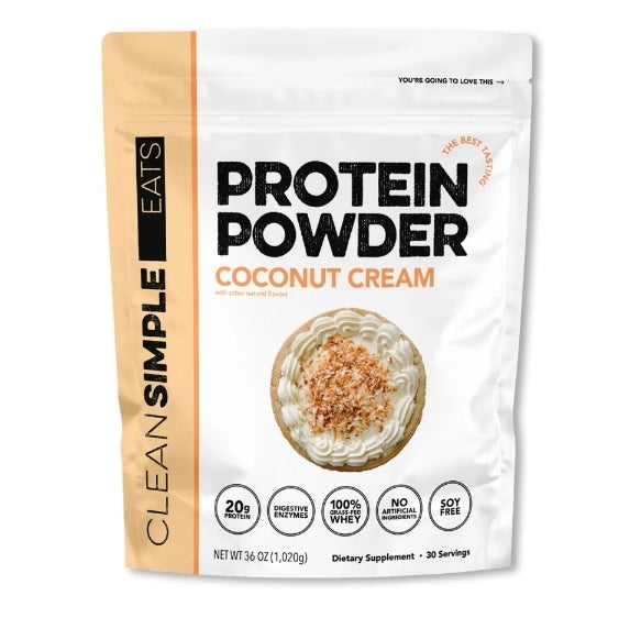 Clean Simple Eats Whey Protein Powder, Coconut Cream Flavor Naturally Sweetened, 100% Grass Fed Protein Powder with Digestive Enzymes & No Artificial Ingredients, Gluten Free, 30 Servings