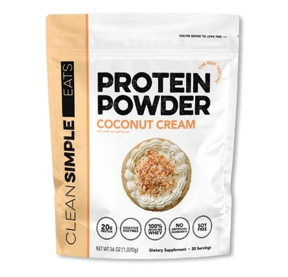 Clean Simple Eats Whey Protein Powder, Coconut Cream Flavor Naturally Sweetened, 100% Grass Fed Protein Powder with Digestive Enzymes & No Artificial Ingredients, Gluten Free, 30 Servings