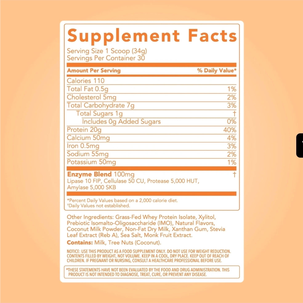 Clean Simple Eats Whey Protein Powder, Coconut Cream Flavor Naturally Sweetened, 100% Grass Fed Protein Powder with Digestive Enzymes & No Artificial Ingredients, Gluten Free, 30 Servings