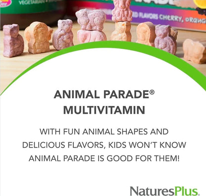 Natures Plus Animal Parade Children's Chewable Multivitamin - 180 Animal-Shaped Tablets - Natural Assorted Flavors - Vegetarian, Gluten Free - 90 Servings