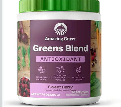 Amazing Grass Greens Blend Antioxidant: Super Greens Powder Smoothie Mix with Organic Spirulina, Beet Root Powder, Elderberry, Bilberry, Prebioitics & Probiotics, Sweet Berry, 30 Servings (Packaging May Vary)