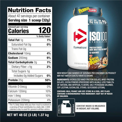 Dymatize x Cocoa Pebbles ISO100 Whey Protein Powder Isolate, 25g of Protein, 5.5g BCAAs, 120 Cal., Gluten Free, 1g Fat, 1g Sugar, 2g Carb (42 Servings)