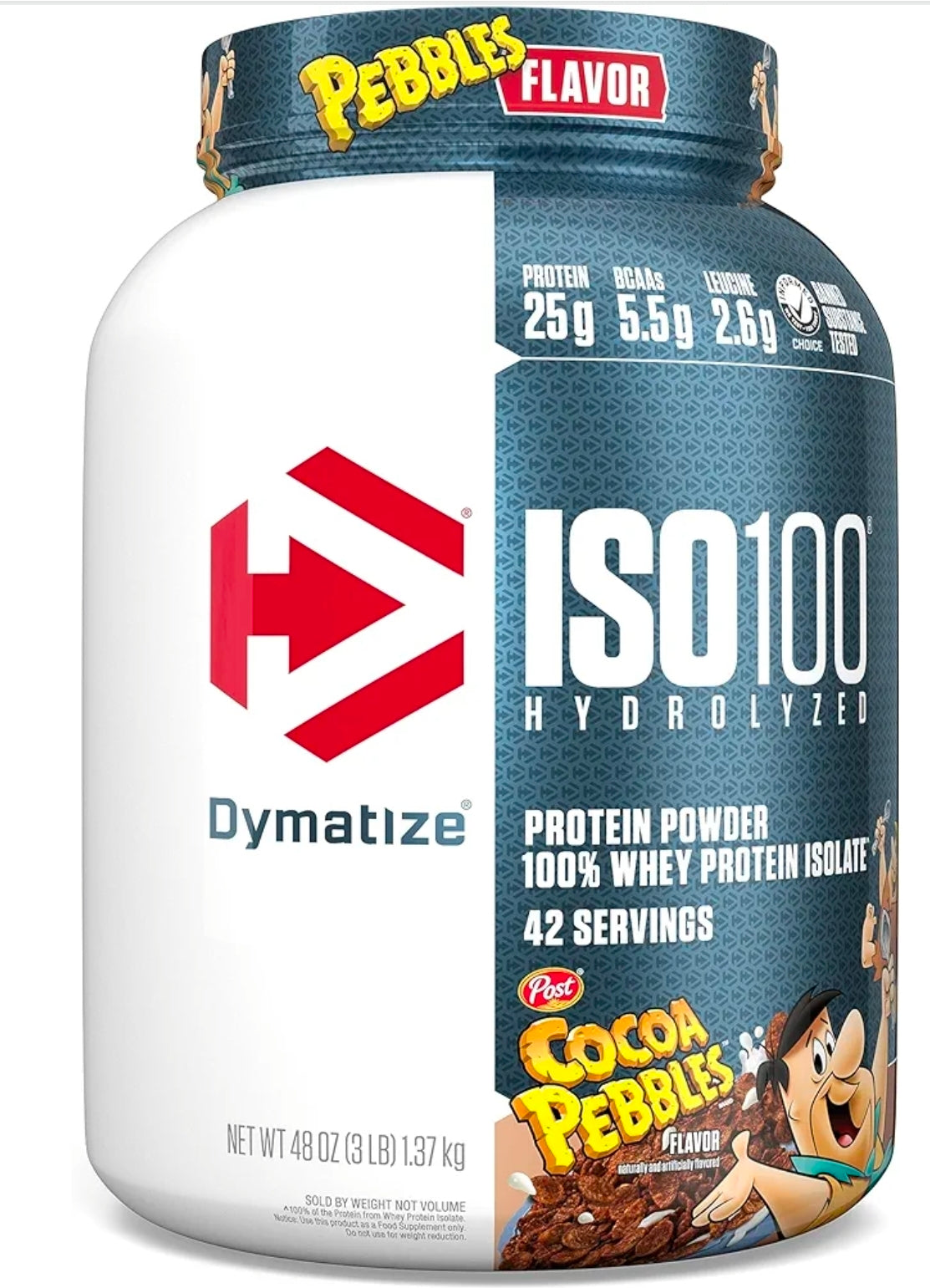 Dymatize x Cocoa Pebbles ISO100 Whey Protein Powder Isolate, 25g of Protein, 5.5g BCAAs, 120 Cal., Gluten Free, 1g Fat, 1g Sugar, 2g Carb (42 Servings)