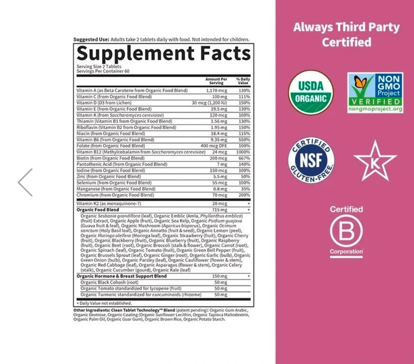 Garden of Life Multivitamin for Women 40 Plus, Organics Womens Vitamins, Hormone & Breast Health Support Blend, Vegan, 120 Tablets