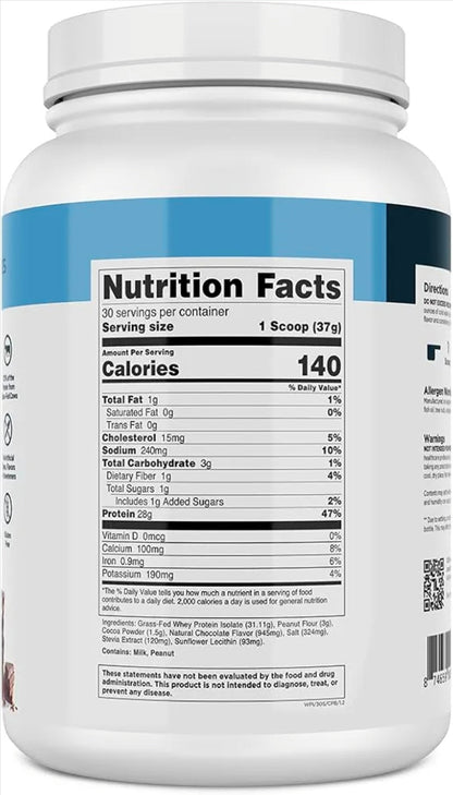 Transparent Labs Grass-Fed Whey Protein Isolate - Naturally Flavored, Gluten Free Whey Protein Powder with 28g of Protein per Serving & 9 Amino Acids - 30 Servings, Chocolate Peanut Butter