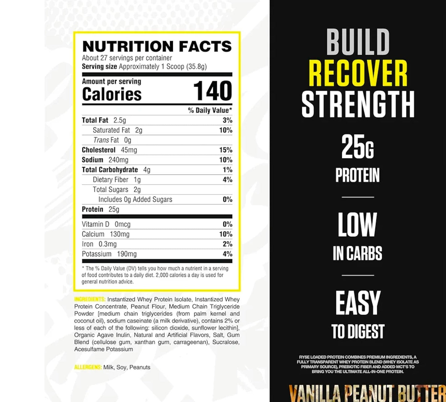 RYSE Loaded Protein Powder - Vanilla Peanut Butter - 25g Whey Protein Isolate & Concentrate with Prebiotic Fiber & MCTs - Low Carb, Low Sugar, Digestive-Friendly - 27 Servings / 2 lb Tub