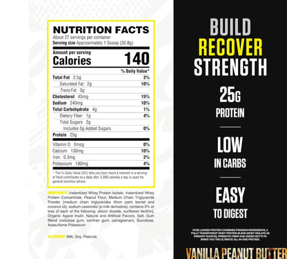 RYSE Loaded Protein Powder - Vanilla Peanut Butter - 25g Whey Protein Isolate & Concentrate with Prebiotic Fiber & MCTs - Low Carb, Low Sugar, Digestive-Friendly - 27 Servings / 2 lb Tub