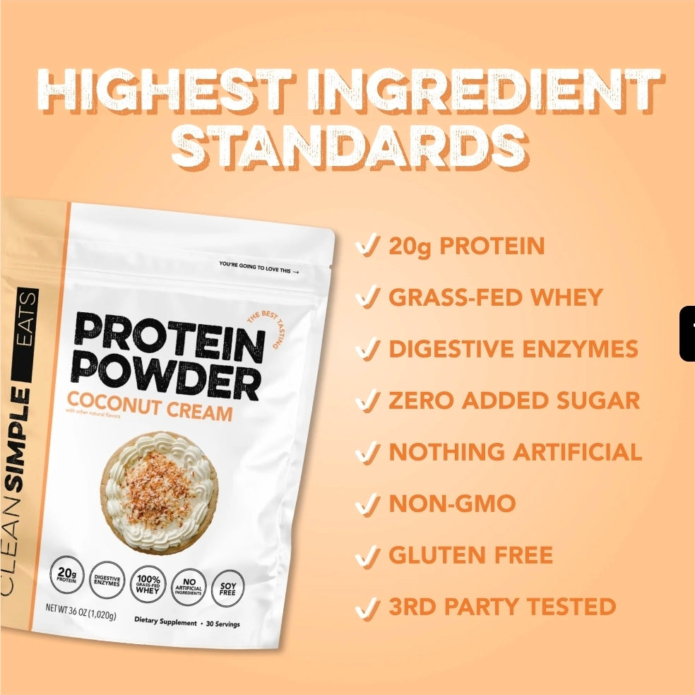 Clean Simple Eats Whey Protein Powder, Coconut Cream Flavor Naturally Sweetened, 100% Grass Fed Protein Powder with Digestive Enzymes & No Artificial Ingredients, Gluten Free, 30 Servings