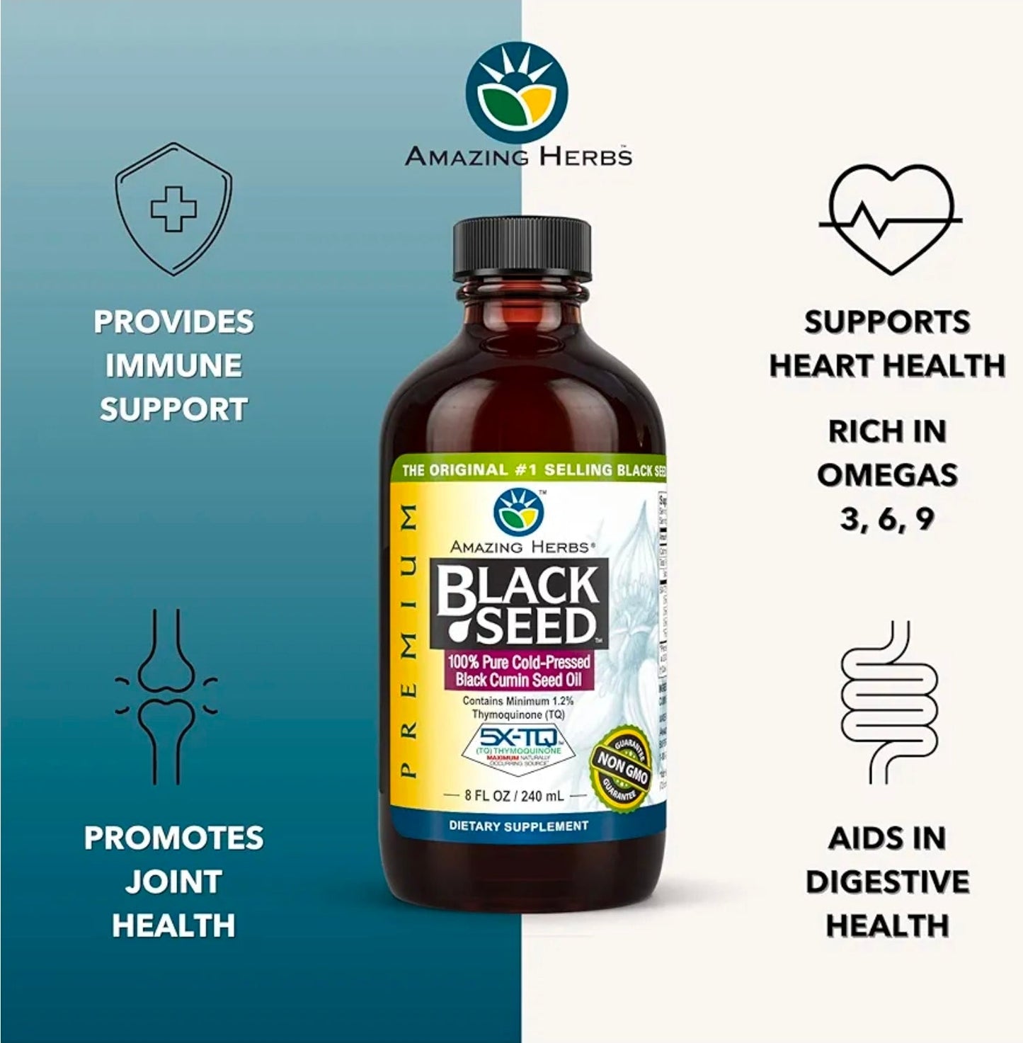 Amazing Herbs Premium Liquid Black Seed Oil - Cold Pressed with Nigella & Sativa, Aids in Digestive Health, Omegas 3 6 & 9, Immune Support, Brain Function, Non GMO, for Men and Women - 8 Fl Oz