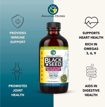 Amazing Herbs Premium Liquid Black Seed Oil - Cold Pressed with Nigella & Sativa, Aids in Digestive Health, Omegas 3 6 & 9, Immune Support, Brain Function, Non GMO, for Men and Women - 8 Fl Oz