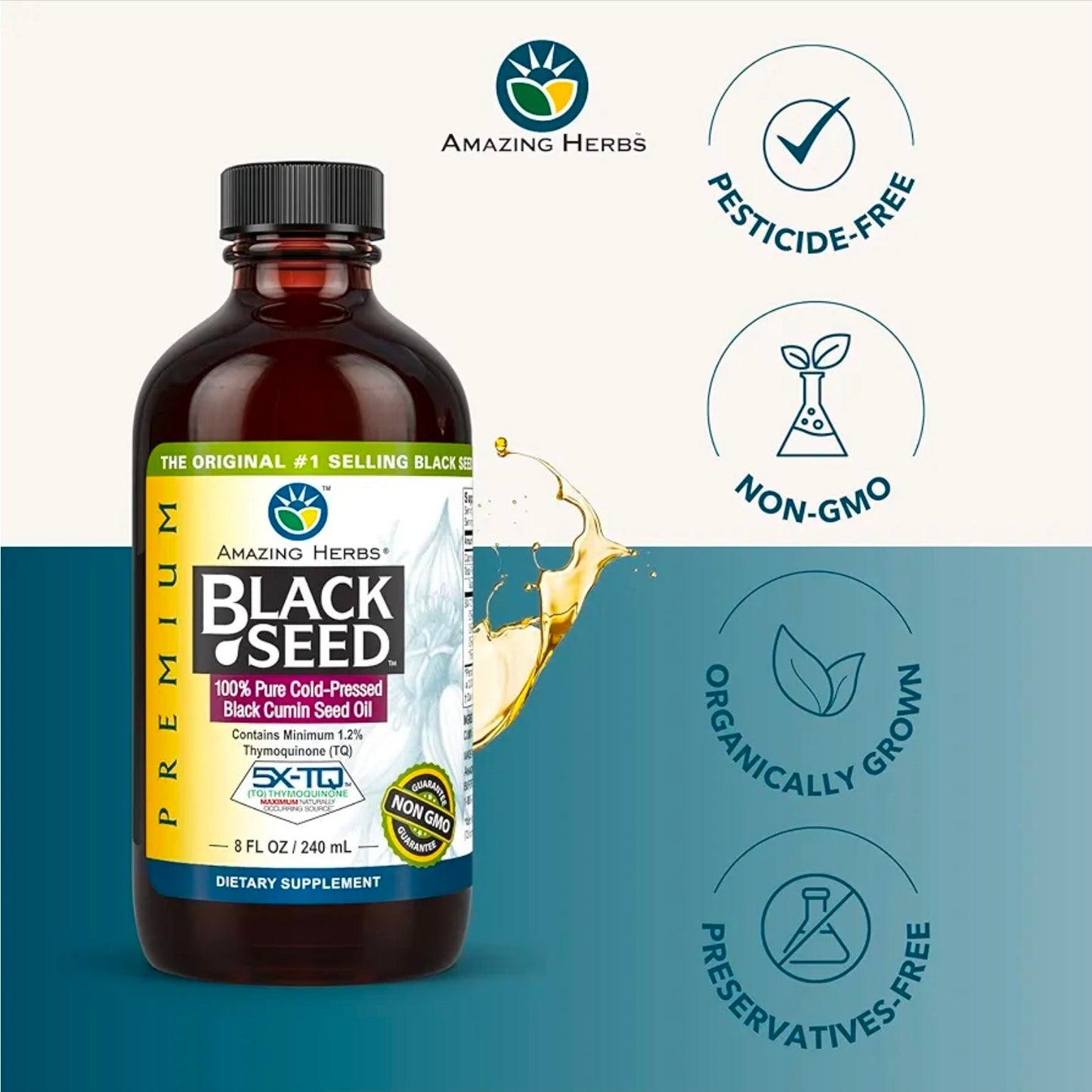 Amazing Herbs Premium Liquid Black Seed Oil - Cold Pressed with Nigella & Sativa, Aids in Digestive Health, Omegas 3 6 & 9, Immune Support, Brain Function, Non GMO, for Men and Women - 8 Fl Oz